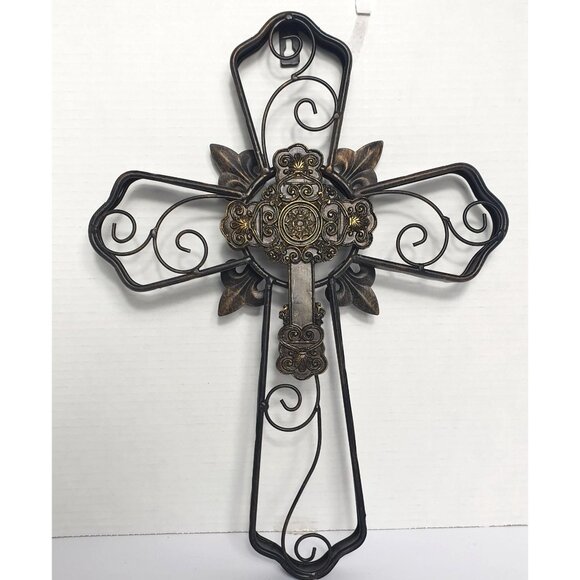Ornate Metal Wall Cross 16" Bronze Decorative Scrollwork & Fleur-De-Lis Details - Picture 5 of 6